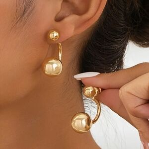 Gold Double Sphere Drop Earrings